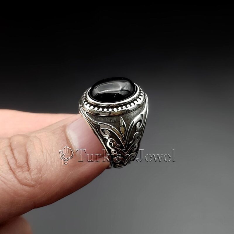 Black Aqeeq Ring 925 Silver Dark Black Agate 5 Turkish Jewel