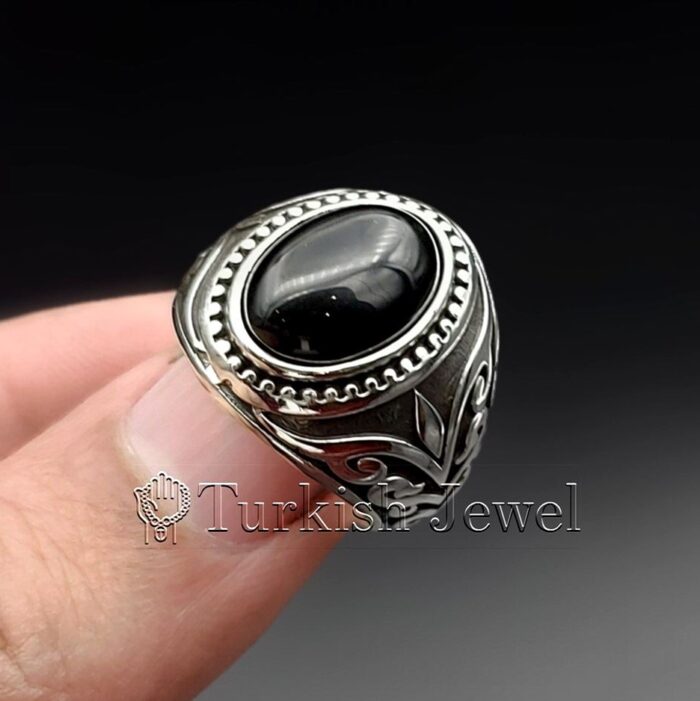 Black Aqeeq Ring 925 Silver Dark Black Agate 6 e1691945356640 Turkish Jewel <h3>Design by Hand Engraved</h3> Superior Quality Handmade Design on Sides. Pure and Natural Black Aqeeq (Agate) stone. Heavy and strong ring made with 925 Silver metal. <p class="LC20lb MBeuO DKV0Md">⭐ Highest Quality Silver 925</p> ⭐ Durable & Strong Design <p class="LC20lb MBeuO DKV0Md">⭐ Lifetime Silver Gurantee</p>