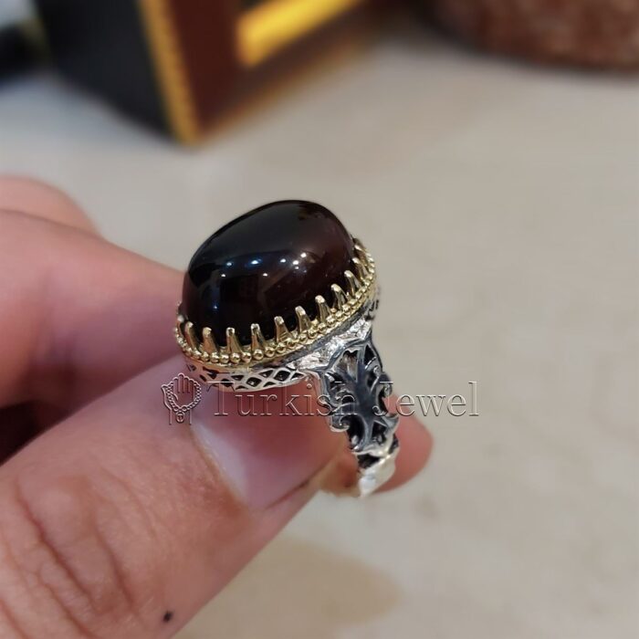 Black Aqeeq Ring Dark Black Agate 925 Silver Ring 3 Turkish Jewel Superior Quality Handmade Design on Sides. Pure and Natural Black Aqeeq (Agate) stone. Heavy and strong ring made with 925 Silver metal. <p class="LC20lb MBeuO DKV0Md">⭐ Highest Quality Silver 925</p> ⭐ Durable & Strong Design <p class="LC20lb MBeuO DKV0Md">⭐ Lifetime Silver Gurantee</p>