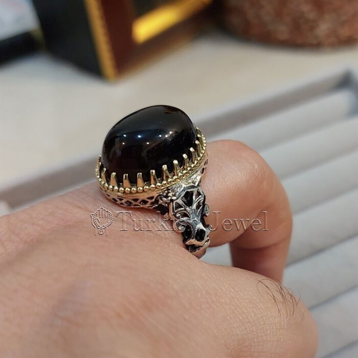 Black Aqeeq Ring Dark Black Agate 925 Silver Ring 5 Turkish Jewel Superior Quality Handmade Design on Sides. Pure and Natural Black Aqeeq (Agate) stone. Heavy and strong ring made with 925 Silver metal. <p class="LC20lb MBeuO DKV0Md">⭐ Highest Quality Silver 925</p> ⭐ Durable & Strong Design <p class="LC20lb MBeuO DKV0Md">⭐ Lifetime Silver Gurantee</p>