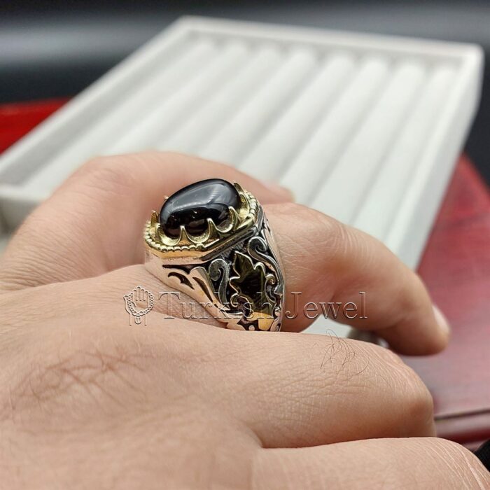 Black Aqeeq agate ring 925 Silver 3 Turkish Jewel Superior Quality Handmade Design on Sides. Pure and Natural Black Aqeeq (Agate) stone. Heavy and strong ring made with 925 Silver metal. <p class="LC20lb MBeuO DKV0Md">⭐ Highest Quality Silver 925</p> ⭐ Durable & Strong Design <p class="LC20lb MBeuO DKV0Md">⭐ Lifetime Silver Gurantee</p>