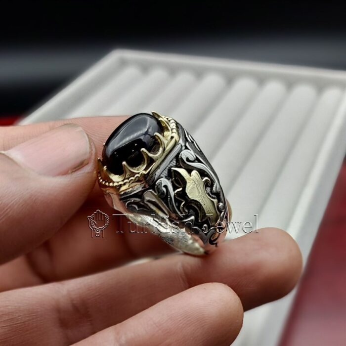 Black Aqeeq agate ring 925 Silver 4 Turkish Jewel Superior Quality Handmade Design on Sides. Pure and Natural Black Aqeeq (Agate) stone. Heavy and strong ring made with 925 Silver metal. <p class="LC20lb MBeuO DKV0Md">⭐ Highest Quality Silver 925</p> ⭐ Durable & Strong Design <p class="LC20lb MBeuO DKV0Md">⭐ Lifetime Silver Gurantee</p>