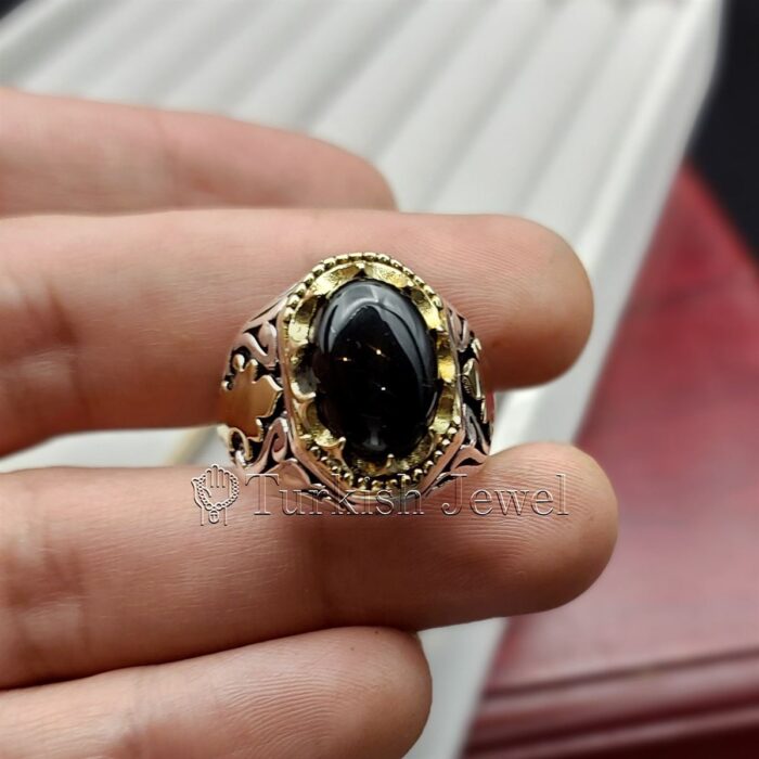 Black Aqeeq agate ring 925 Silver 5 Turkish Jewel Superior Quality Handmade Design on Sides. Pure and Natural Black Aqeeq (Agate) stone. Heavy and strong ring made with 925 Silver metal. <p class="LC20lb MBeuO DKV0Md">⭐ Highest Quality Silver 925</p> ⭐ Durable & Strong Design <p class="LC20lb MBeuO DKV0Md">⭐ Lifetime Silver Gurantee</p>