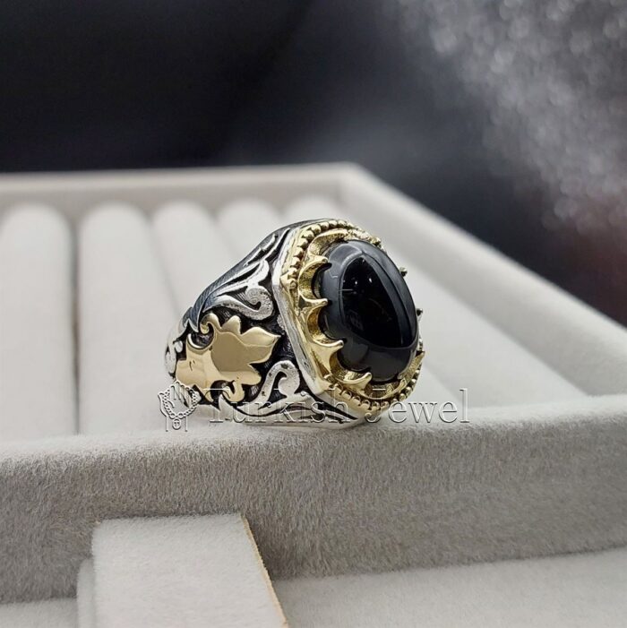 Black Aqeeq agate ring 925 Silver 6 Turkish Jewel Superior Quality Handmade Design on Sides. Pure and Natural Black Aqeeq (Agate) stone. Heavy and strong ring made with 925 Silver metal. <p class="LC20lb MBeuO DKV0Md">⭐ Highest Quality Silver 925</p> ⭐ Durable & Strong Design <p class="LC20lb MBeuO DKV0Md">⭐ Lifetime Silver Gurantee</p>
