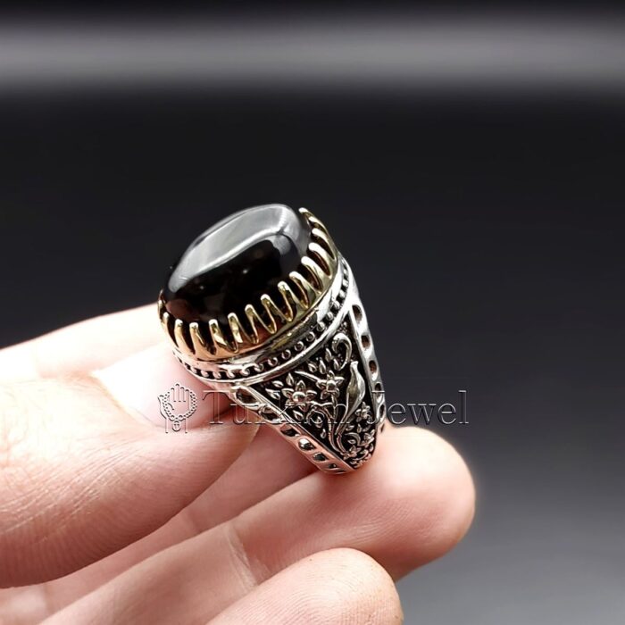 Black Stone Ring 925 Silver Black agate aqiq 1 Turkish Jewel <h3>Peacock Design by Hand Engraved</h3> Superior Quality Handmade Design on Sides. Pure and Natural Black Aqeeq (Agate) stone. Heavy and strong ring made with 925 Silver metal. <p class="LC20lb MBeuO DKV0Md">⭐ Highest Quality Silver 925</p> ⭐ Durable & Strong Design <p class="LC20lb MBeuO DKV0Md">⭐ Lifetime Silver Gurantee</p>