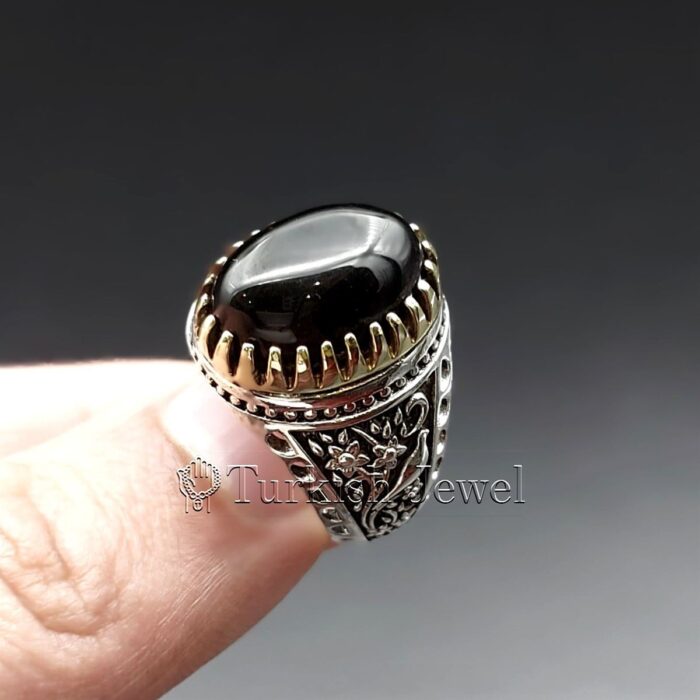 Black Stone Ring 925 Silver Black agate aqiq 3 Turkish Jewel <h3>Peacock Design by Hand Engraved</h3> Superior Quality Handmade Design on Sides. Pure and Natural Black Aqeeq (Agate) stone. Heavy and strong ring made with 925 Silver metal. <p class="LC20lb MBeuO DKV0Md">⭐ Highest Quality Silver 925</p> ⭐ Durable & Strong Design <p class="LC20lb MBeuO DKV0Md">⭐ Lifetime Silver Gurantee</p>