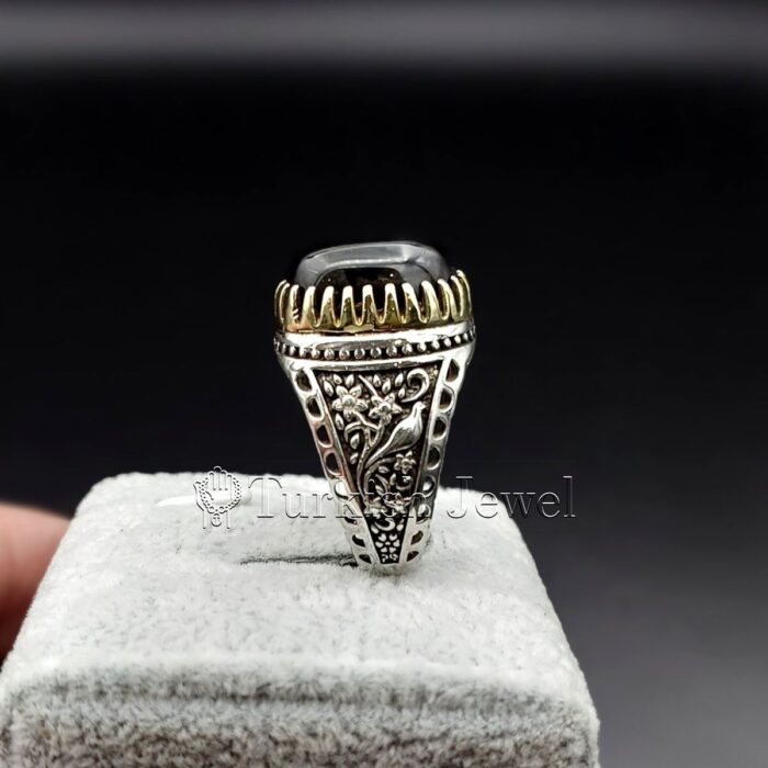 Black Stone Ring 925 Silver Black agate aqiq 4 Turkish Jewel <h3>Peacock Design by Hand Engraved</h3> Superior Quality Handmade Design on Sides. Pure and Natural Black Aqeeq (Agate) stone. Heavy and strong ring made with 925 Silver metal. <p class="LC20lb MBeuO DKV0Md">⭐ Highest Quality Silver 925</p> ⭐ Durable & Strong Design <p class="LC20lb MBeuO DKV0Md">⭐ Lifetime Silver Gurantee</p>