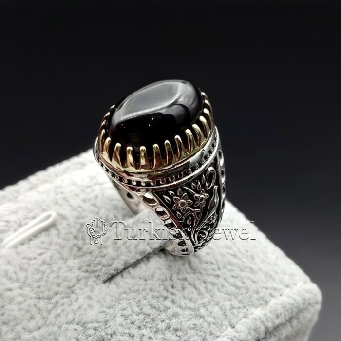 Black Stone Ring 925 Silver Black agate aqiq 5 Turkish Jewel <h3>Peacock Design by Hand Engraved</h3> Superior Quality Handmade Design on Sides. Pure and Natural Black Aqeeq (Agate) stone. Heavy and strong ring made with 925 Silver metal. <p class="LC20lb MBeuO DKV0Md">⭐ Highest Quality Silver 925</p> ⭐ Durable & Strong Design <p class="LC20lb MBeuO DKV0Md">⭐ Lifetime Silver Gurantee</p>