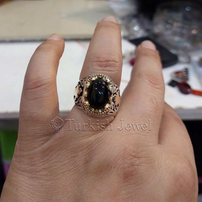 Dark Black Aqeeq Black Agate Stone and red inside yemen aqiq ring 925 silver 1 Turkish Jewel Superior Quality Handmade Design on Sides. Pure and Natural Black Aqeeq (Agate) stone. Heavy and strong ring made with 925 Silver metal. <p class="LC20lb MBeuO DKV0Md">⭐ Highest Quality Silver 925</p> ⭐ Durable & Strong Design <p class="LC20lb MBeuO DKV0Md">⭐ Lifetime Silver Gurantee</p>