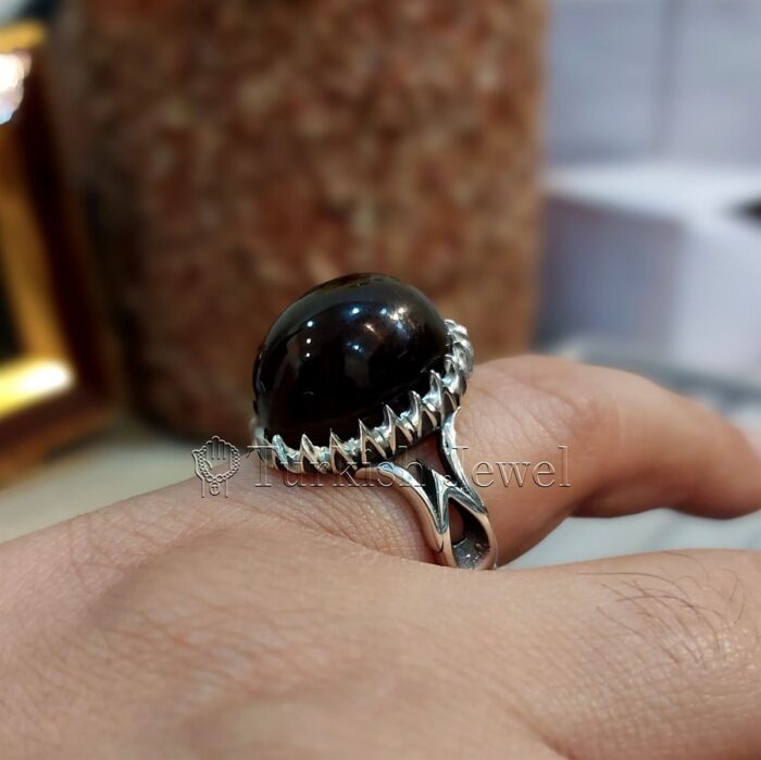 Dark Black Aqeeq Black Agate Stone and red inside yemen aqiq ring 925 silver 5 Turkish Jewel <h3>Design by Hand Engraved</h3> Superior Quality Handmade Design on Sides. Pure and Natural Black Aqeeq (Agate) stone. Heavy and strong ring made with 925 Silver metal. <p class="LC20lb MBeuO DKV0Md">⭐ Highest Quality Silver 925</p> ⭐ Durable & Strong Design <p class="LC20lb MBeuO DKV0Md">⭐ Lifetime Silver Gurantee</p>