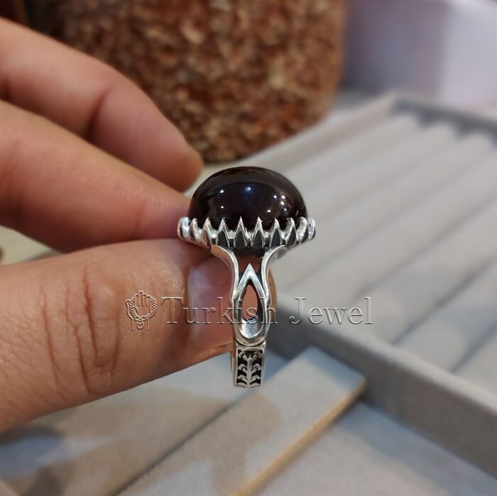 Dark Black Aqeeq Black Agate Stone and red inside yemen aqiq ring 925 silver 8 Turkish Jewel <h3>Design by Hand Engraved</h3> Superior Quality Handmade Design on Sides. Pure and Natural Black Aqeeq (Agate) stone. Heavy and strong ring made with 925 Silver metal. <p class="LC20lb MBeuO DKV0Md">⭐ Highest Quality Silver 925</p> ⭐ Durable & Strong Design <p class="LC20lb MBeuO DKV0Md">⭐ Lifetime Silver Gurantee</p>