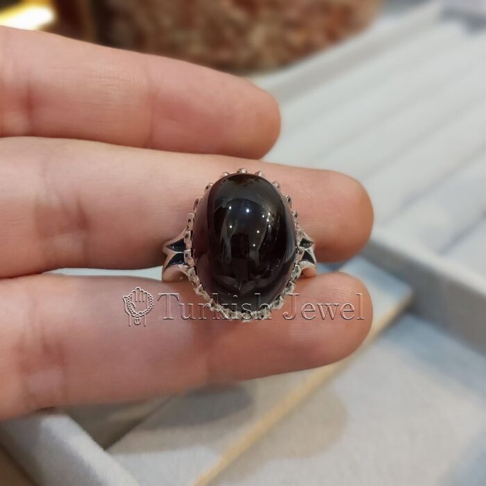 Dark Black Aqeeq Black Agate Stone and red inside yemen aqiq ring 925 silver 9 Turkish Jewel <h3>Design by Hand Engraved</h3> Superior Quality Handmade Design on Sides. Pure and Natural Black Aqeeq (Agate) stone. Heavy and strong ring made with 925 Silver metal. <p class="LC20lb MBeuO DKV0Md">⭐ Highest Quality Silver 925</p> ⭐ Durable & Strong Design <p class="LC20lb MBeuO DKV0Md">⭐ Lifetime Silver Gurantee</p>