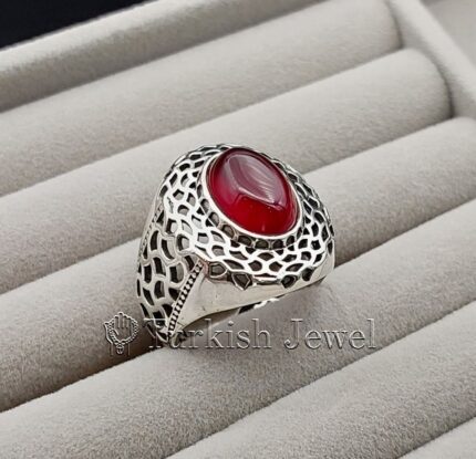 Red Yemen Agate Natural Yamani Aqeeq 925 Silver Ring