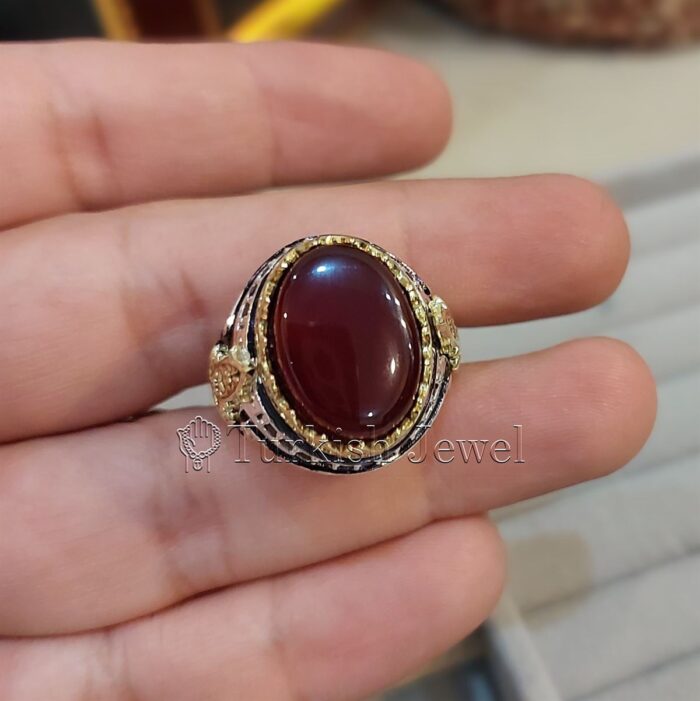Natural Agate Ring 925 Silver Yemen Agate Irani Aqeeq Aqiq Stone Real 25 Turkish Jewel <h3>Design by Hand Engraved</h3> <h4>Red Brown Color Agate</h4> Superior Quality Handmade Design on Sides. Pure and Natural Red Aqeeq (Brown Agate) stone. Heavy and strong ring made with 925 Silver metal. <p class="LC20lb MBeuO DKV0Md">⭐ Highest Quality Silver 925</p> ⭐ Durable & Strong Design <p class="LC20lb MBeuO DKV0Md">⭐ Lifetime Silver Gurantee</p>