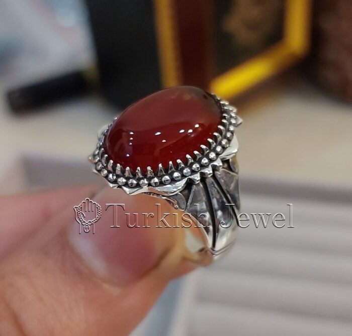 Natural Agate Ring 925 Silver Yemen Agate Irani Aqeeq Aqiq Stone Real 37 e1691963303848 Turkish Jewel <h3>Design by Hand Engraved</h3> <h4>Red Brown Color Agate</h4> Superior Quality Handmade Design on Sides. Pure and Natural Red Aqeeq (Brown Agate) stone. Heavy and strong ring made with 925 Silver metal. <p class="LC20lb MBeuO DKV0Md">⭐ Highest Quality Silver 925</p> ⭐ Durable & Strong Design <p class="LC20lb MBeuO DKV0Md">⭐ Lifetime Silver Gurantee</p>
