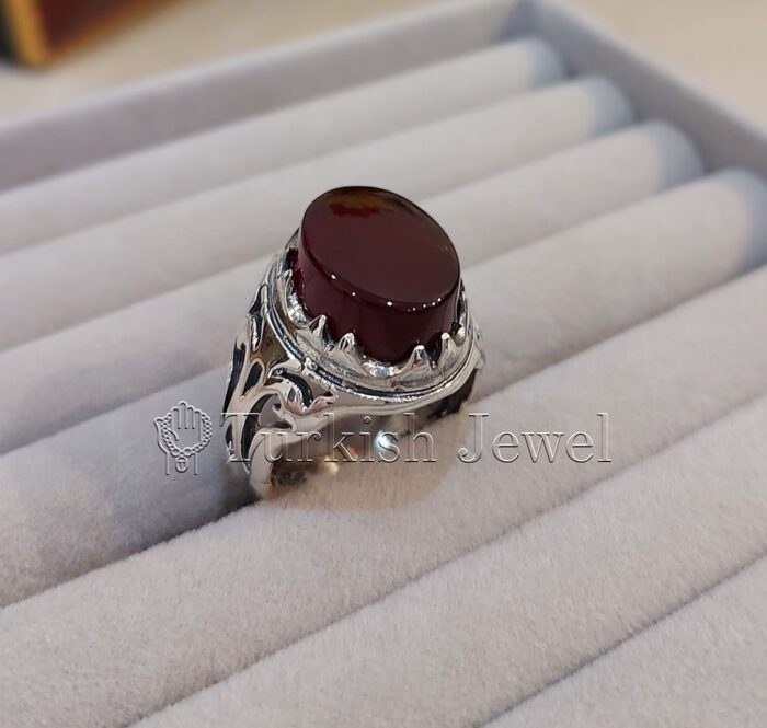 Natural Agate Ring 925 Silver Yemen Agate Irani Aqeeq Aqiq Stone Real 42 e1692002611368 Turkish Jewel <h3>Design by Hand Engraved</h3> <h4>Red Brown Color Agate</h4> Superior Quality Handmade Design on Sides. Pure and Natural Red Aqeeq (Brown Agate) stone. Heavy and strong ring made with 925 Silver metal. <p class="LC20lb MBeuO DKV0Md">⭐ Highest Quality Silver 925</p> ⭐ Durable & Strong Design <p class="LC20lb MBeuO DKV0Md">⭐ Lifetime Silver Gurantee</p>