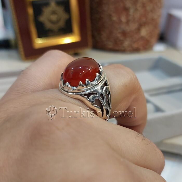Natural Agate Ring 925 Silver Yemen Agate Irani Aqeeq Aqiq Stone Real 5 28 Turkish Jewel <h3>Hand Engraved Ring - Red Yemen Agate</h3> Superior Quality Handmade Design on Sides. Pure and Natural Red Aqeeq (Red Agate) stone. Heavy and strong ring made with 925 Silver metal. <p class="LC20lb MBeuO DKV0Md">⭐ Highest Quality Silver 925</p> ⭐ Durable & Strong Design <p class="LC20lb MBeuO DKV0Md">⭐ Lifetime Silver Gurantee</p>
