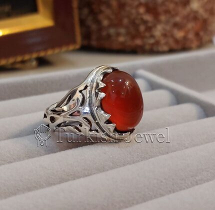 Red Yemen Agate Natural Yamani Aqeeq 925 Silver Ring