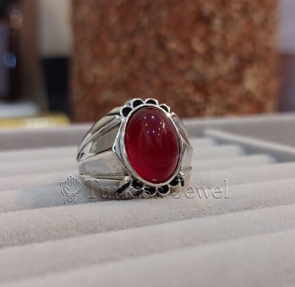 Red Yemen Agate Natural Yamani Aqeeq 925 Silver Ring