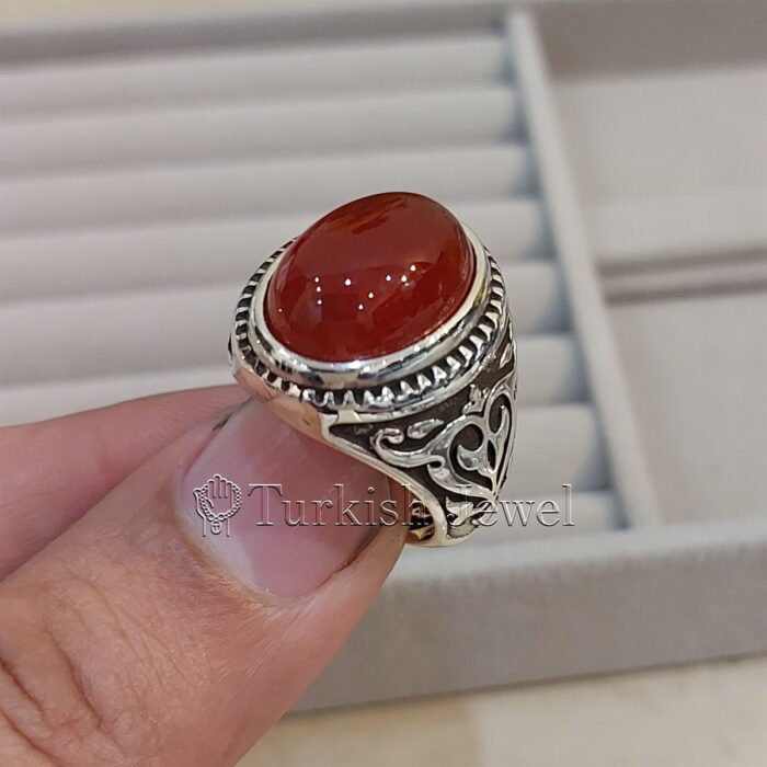 Natural Agate Ring 925 Silver Yemen Agate Irani Aqeeq Aqiq Stone Real 6 19 Turkish Jewel <h3>Hand Engraved Ring - Red Yemen Agate</h3> Superior Quality Handmade Design on Sides. Pure and Natural Red Aqeeq (Red Agate) stone. Heavy and strong ring made with 925 Silver metal. <p class="LC20lb MBeuO DKV0Md">⭐ Highest Quality Silver 925</p> ⭐ Durable & Strong Design <p class="LC20lb MBeuO DKV0Md">⭐ Lifetime Silver Gurantee</p>