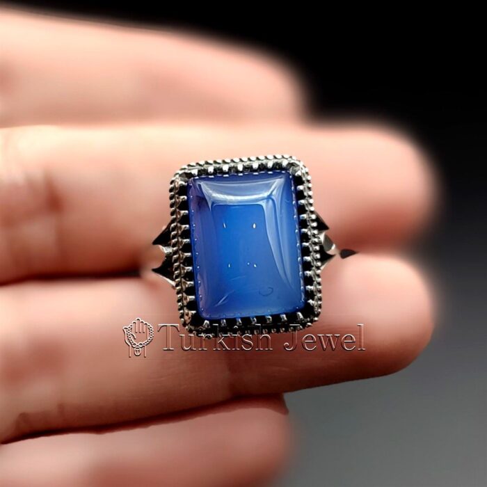 Natural Blue Agate Blue Aqeeq Stone Ring 925 Silver 10 Turkish Jewel <h3>Hand Engraved - Blue Agate</h3> Superior Quality Handmade Design on Sides. Pure and Natural Blue Aqeeq (Blue Agate) stone. Heavy and strong ring made with 925 Silver metal. <p class="LC20lb MBeuO DKV0Md">⭐ Highest Quality Silver 925</p> ⭐ Durable & Strong Design <p class="LC20lb MBeuO DKV0Md">⭐ Lifetime Silver Gurantee</p>