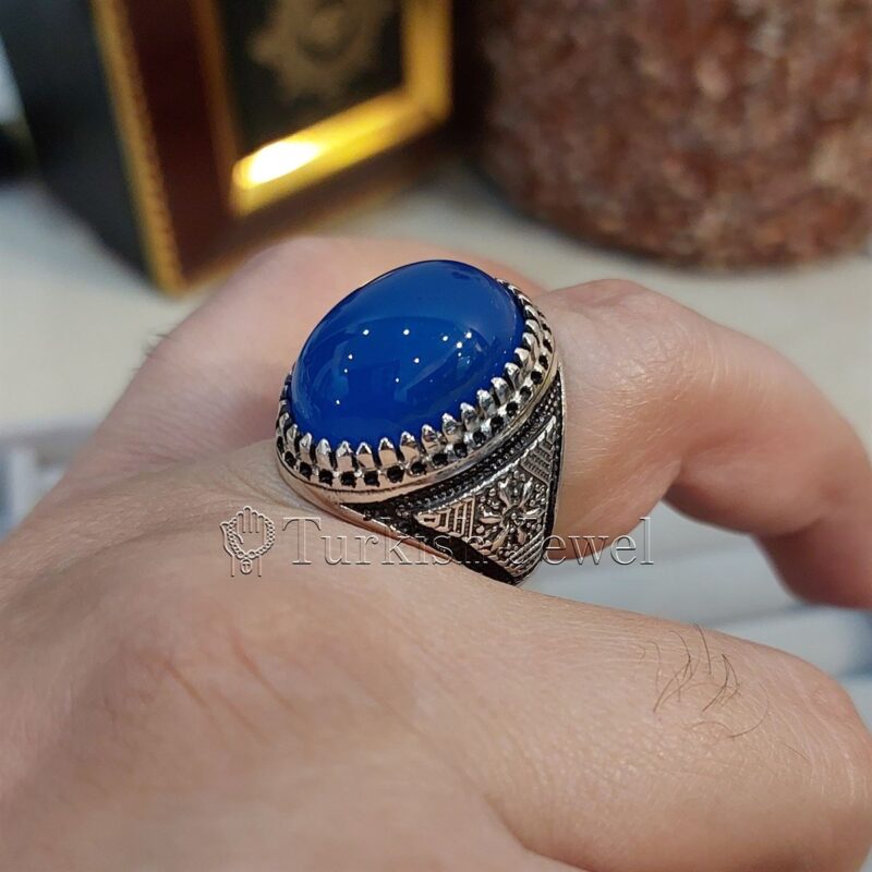 Natural Blue Agate Blue Aqeeq Stone Ring 925 Silver 13 Turkish Jewel