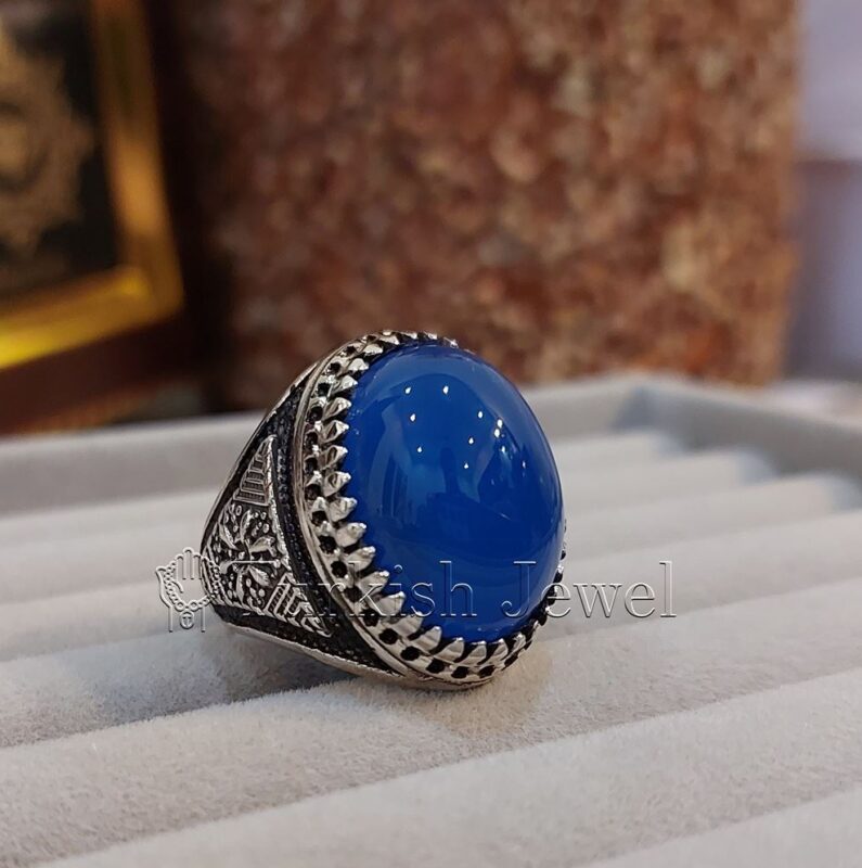 Natural Blue Agate Blue Aqeeq Stone Ring 925 Silver 15 e1692046687923 Turkish Jewel