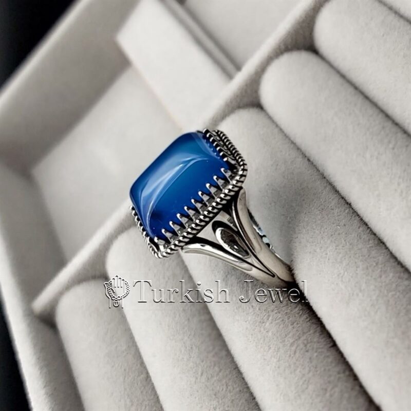 Natural Blue Agate Blue Aqeeq Stone Ring 925 Silver 2 Turkish Jewel