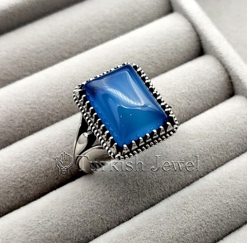 Natural Blue Agate Blue Aqeeq Stone Ring 925 Silver 6 e1692046077311 Turkish Jewel