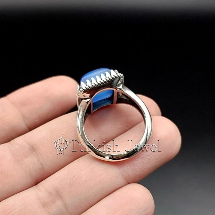 Natural Blue Agate Blue Aqeeq Stone Ring 925 Silver 8 Turkish Jewel <h3>Hand Engraved - Blue Agate</h3> Superior Quality Handmade Design on Sides. Pure and Natural Blue Aqeeq (Blue Agate) stone. Heavy and strong ring made with 925 Silver metal. <p class="LC20lb MBeuO DKV0Md">⭐ Highest Quality Silver 925</p> ⭐ Durable & Strong Design <p class="LC20lb MBeuO DKV0Md">⭐ Lifetime Silver Gurantee</p>