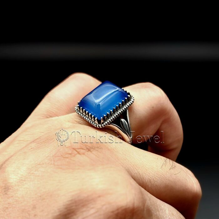 Natural Blue Agate Blue Aqeeq Stone Ring 925 Silver 9 Turkish Jewel <h3>Hand Engraved - Blue Agate</h3> Superior Quality Handmade Design on Sides. Pure and Natural Blue Aqeeq (Blue Agate) stone. Heavy and strong ring made with 925 Silver metal. <p class="LC20lb MBeuO DKV0Md">⭐ Highest Quality Silver 925</p> ⭐ Durable & Strong Design <p class="LC20lb MBeuO DKV0Md">⭐ Lifetime Silver Gurantee</p>