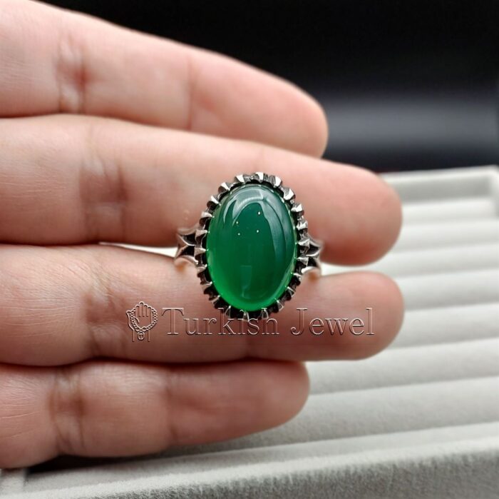 Natural Green Agate Sabz Aqeeq Ring 925 Silver 5 Turkish Jewel <h3>Hand Engraved - Green Agate</h3> Superior Quality Handmade Design on Sides. Pure and Natural Green Aqeeq (Sabz Agate) stone. Heavy and strong ring made with 925 Silver metal. <p class="LC20lb MBeuO DKV0Md">⭐ Highest Quality Silver 925</p> ⭐ Durable & Strong Design <p class="LC20lb MBeuO DKV0Md">⭐ Lifetime Silver Gurantee</p>