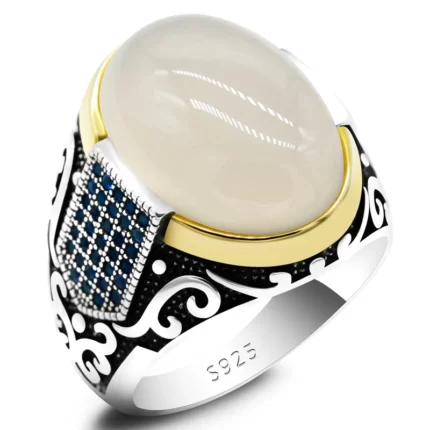 Turkish Ring 925 Silver - White Agate (Aqeeq) Stone