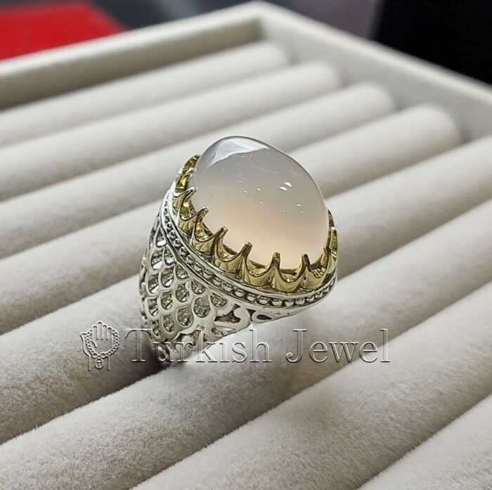 White Aqeeq - White Agate Ring 925 Silver (5) beautiful clean and pure white natural white agate stone