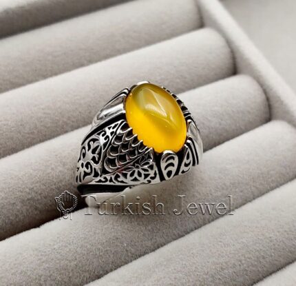 Yellow Agate Natural Zard Aqeeq 925 Silver Ring High Quality Ring