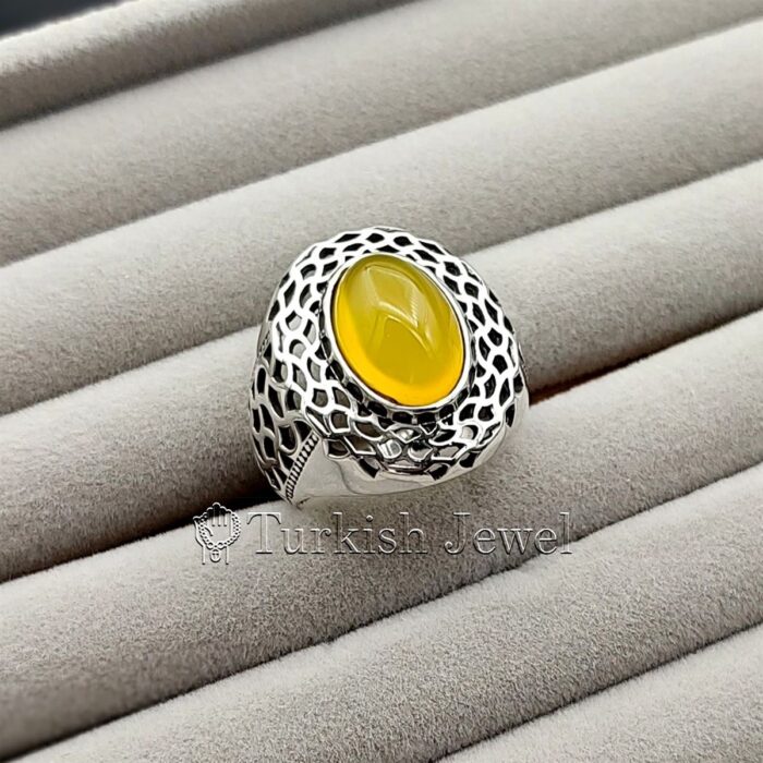 Yellow Agate Stone Ring 925 silver Zard Aqeeq Ring 925 Silver 1 Turkish Jewel <h3>Hand Engraved - Yellow Agate</h3> Superior Quality Handmade Design on Sides. Pure and Natural Yellow Aqeeq (Sabz Agate) stone. Heavy and strong ring made with 925 Silver metal. <p class="LC20lb MBeuO DKV0Md">⭐ Highest Quality Silver 925</p> ⭐ Durable & Strong Design <p class="LC20lb MBeuO DKV0Md">⭐ Lifetime Silver Gurantee</p>