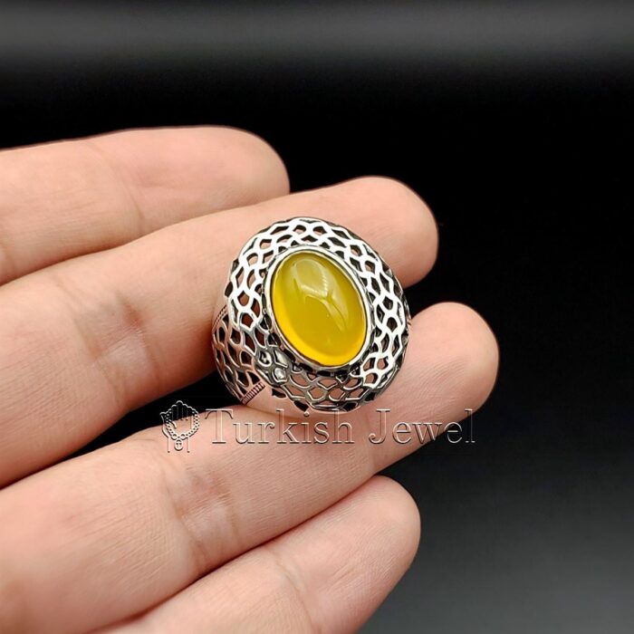 Yellow Agate Stone Ring 925 silver Zard Aqeeq Ring 925 Silver 2 Turkish Jewel <h3>Hand Engraved - Yellow Agate</h3> Superior Quality Handmade Design on Sides. Pure and Natural Yellow Aqeeq (Sabz Agate) stone. Heavy and strong ring made with 925 Silver metal. <p class="LC20lb MBeuO DKV0Md">⭐ Highest Quality Silver 925</p> ⭐ Durable & Strong Design <p class="LC20lb MBeuO DKV0Md">⭐ Lifetime Silver Gurantee</p>