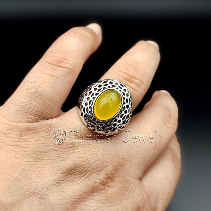 Yellow Agate Stone Ring 925 silver Zard Aqeeq Ring 925 Silver 3 Turkish Jewel <h3>Hand Engraved - Yellow Agate</h3> Superior Quality Handmade Design on Sides. Pure and Natural Yellow Aqeeq (Sabz Agate) stone. Heavy and strong ring made with 925 Silver metal. <p class="LC20lb MBeuO DKV0Md">⭐ Highest Quality Silver 925</p> ⭐ Durable & Strong Design <p class="LC20lb MBeuO DKV0Md">⭐ Lifetime Silver Gurantee</p>